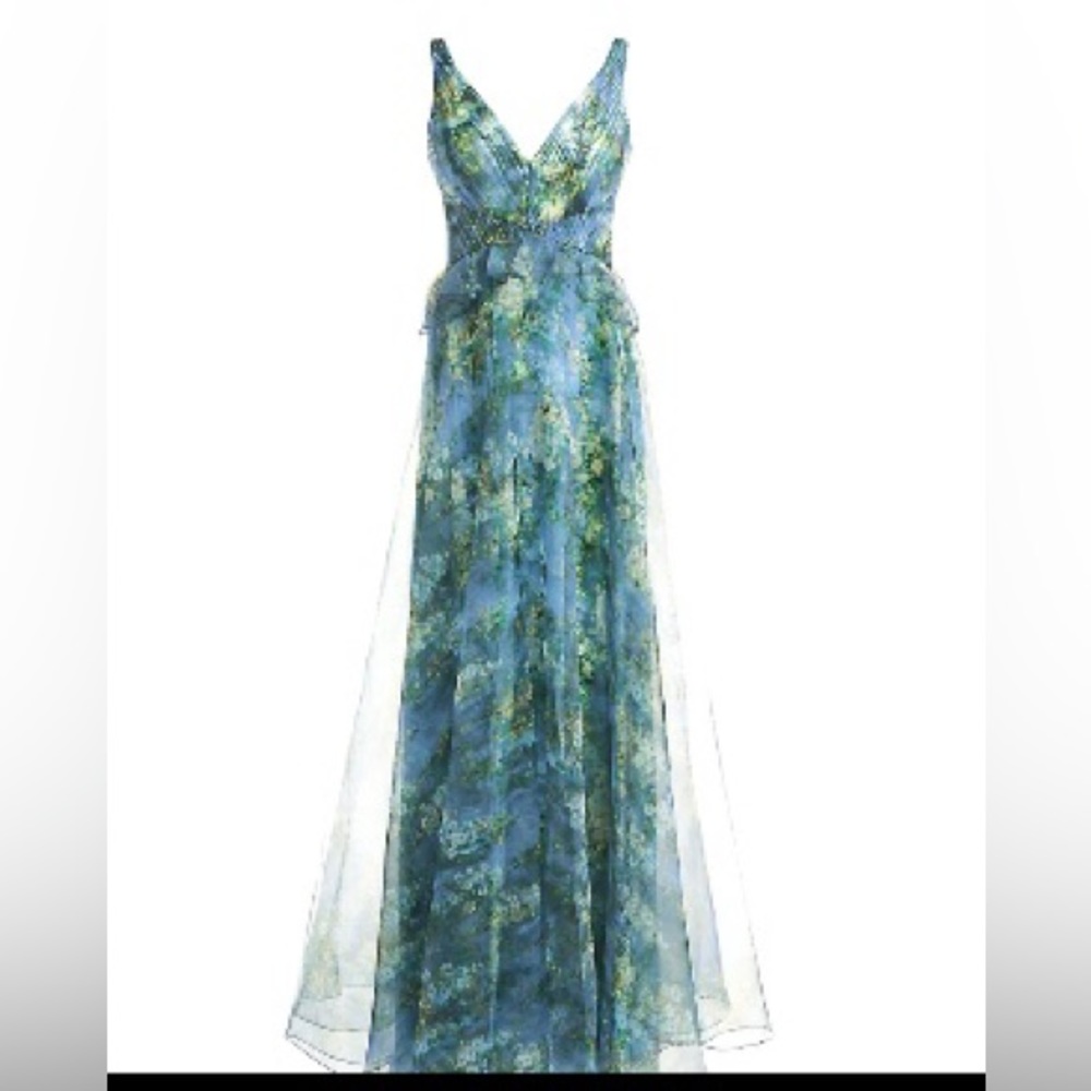 Theia Blue and Green Floral Gown